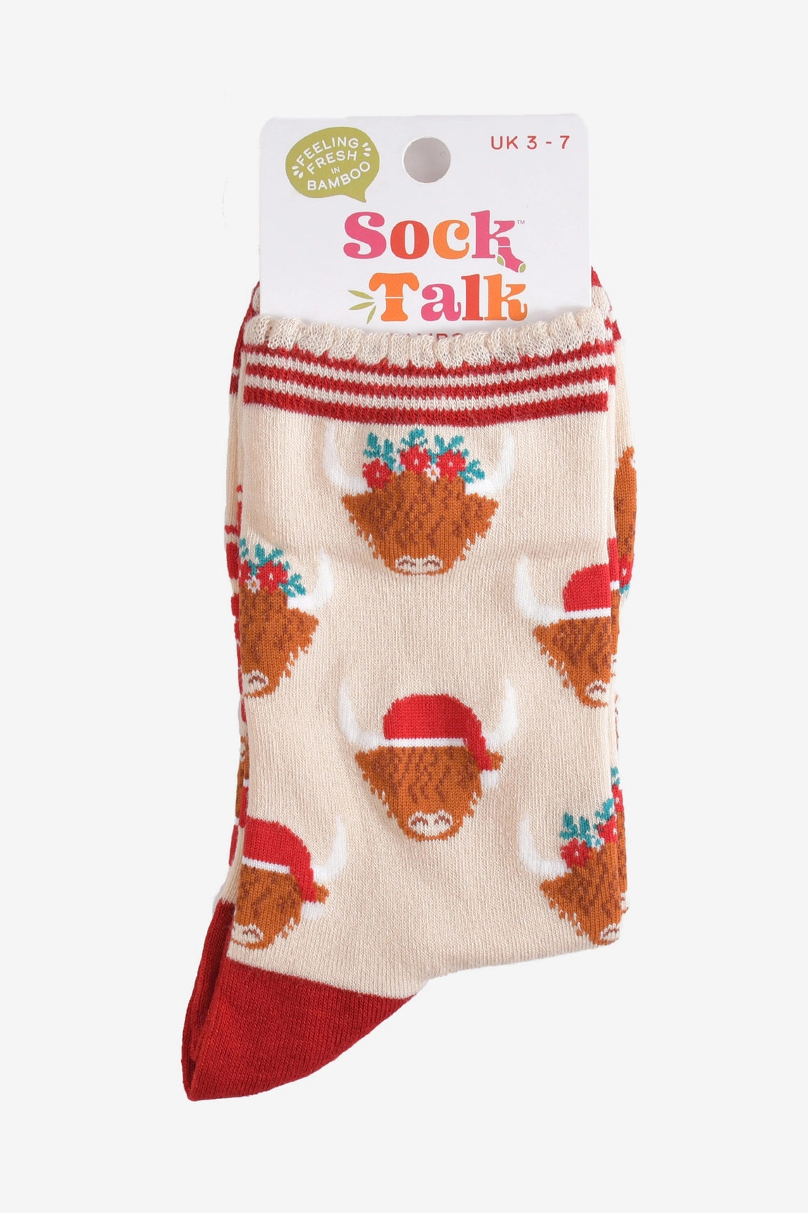 Women's Bamboo Socks Cream/Red Christmas Highland Cow