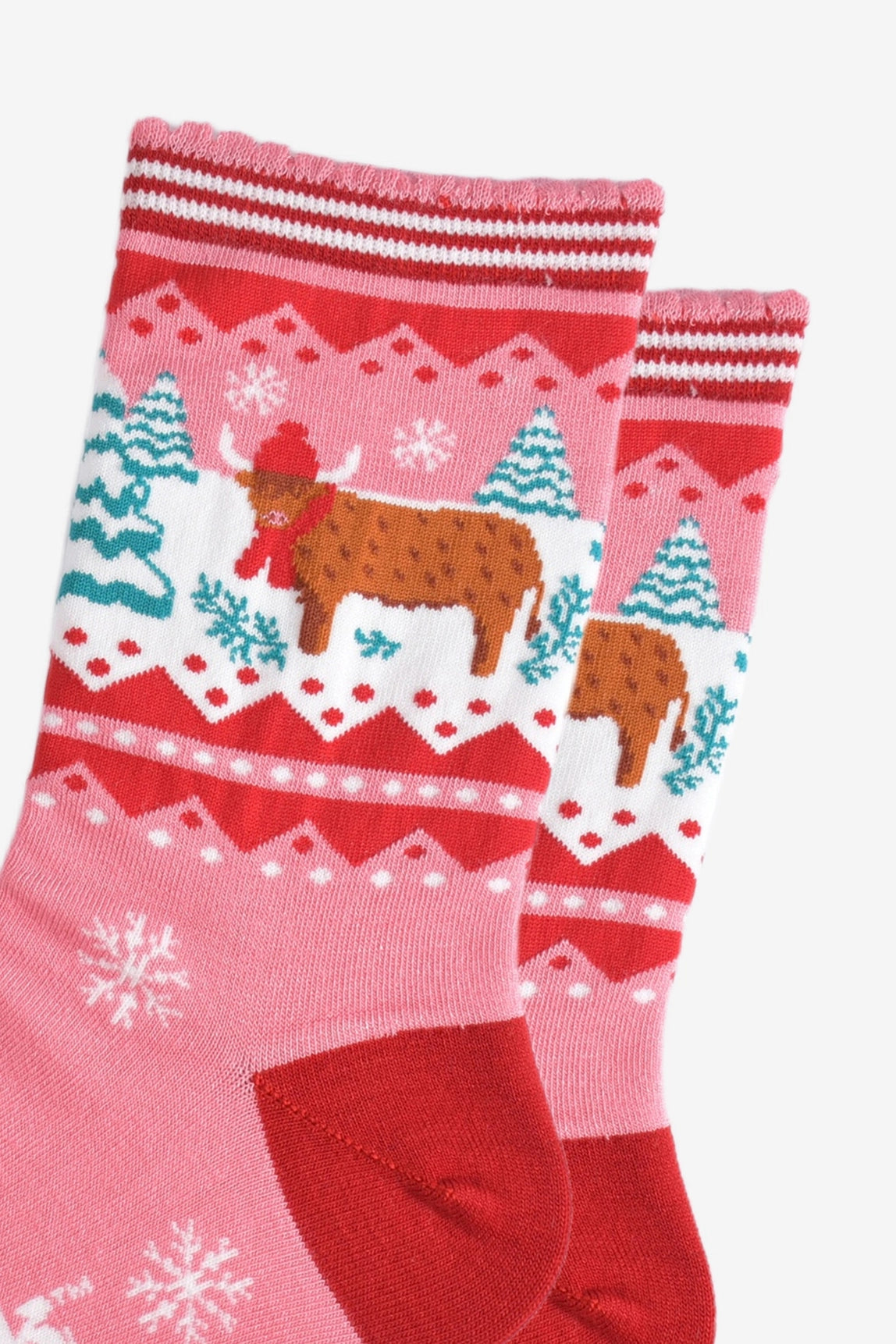Women's Bamboo Socks Pink/Red Christmas Highland Cow