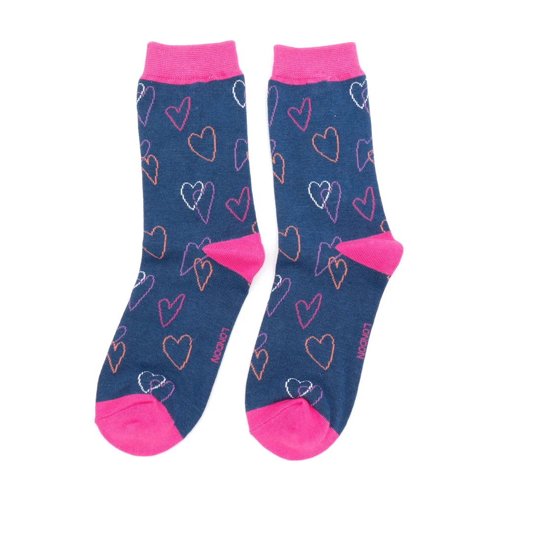 Miss Sparrow Sketch Hearts Socks Navy