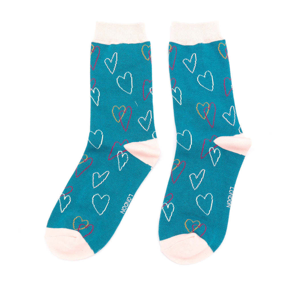 Miss Sparrow Sketch Heart Socks Teal