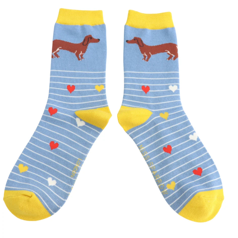 Miss Sparrow Sausage Dog & Stripes Socks Denim