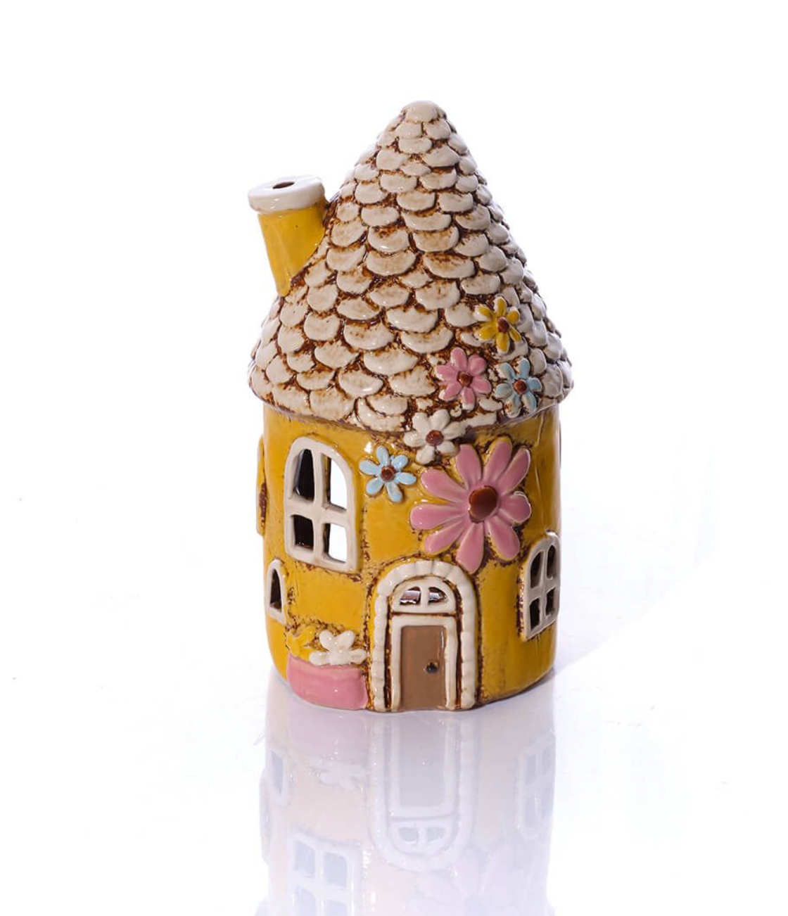 Cottage Garden Stoneware Fairy Style Round House With Embossed Details Candle Holder