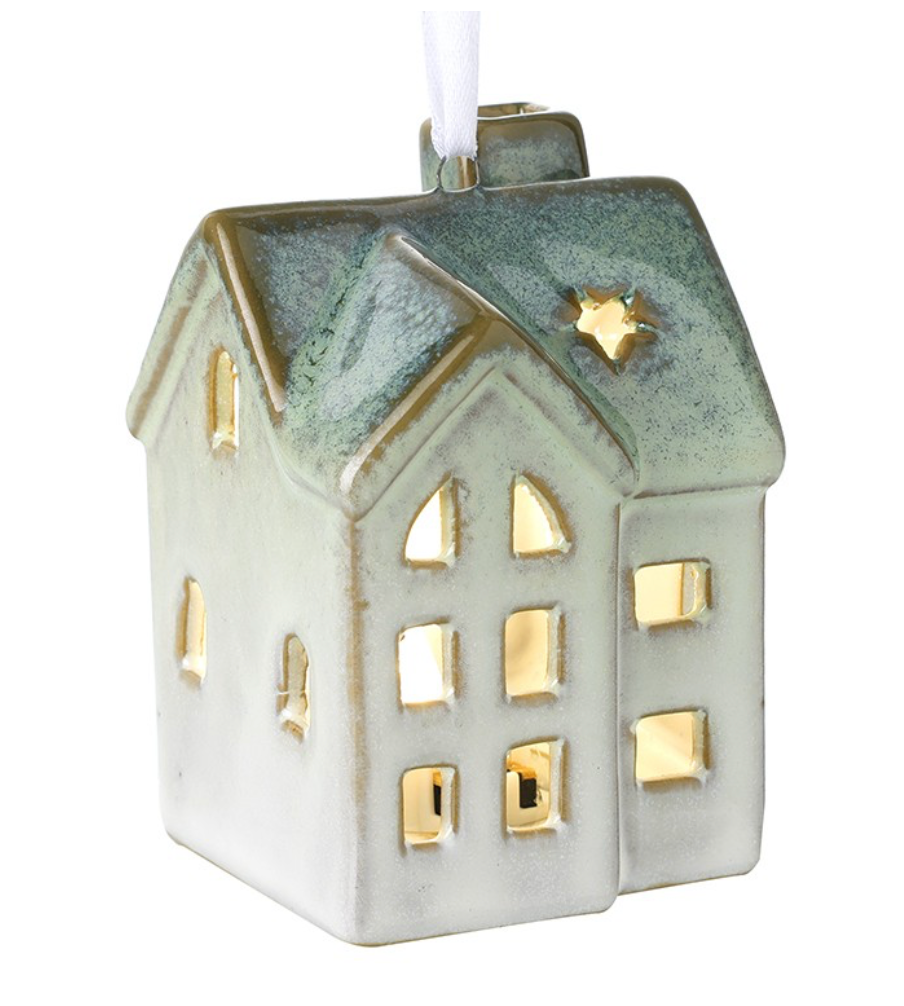 ceramic house light-up hanger green