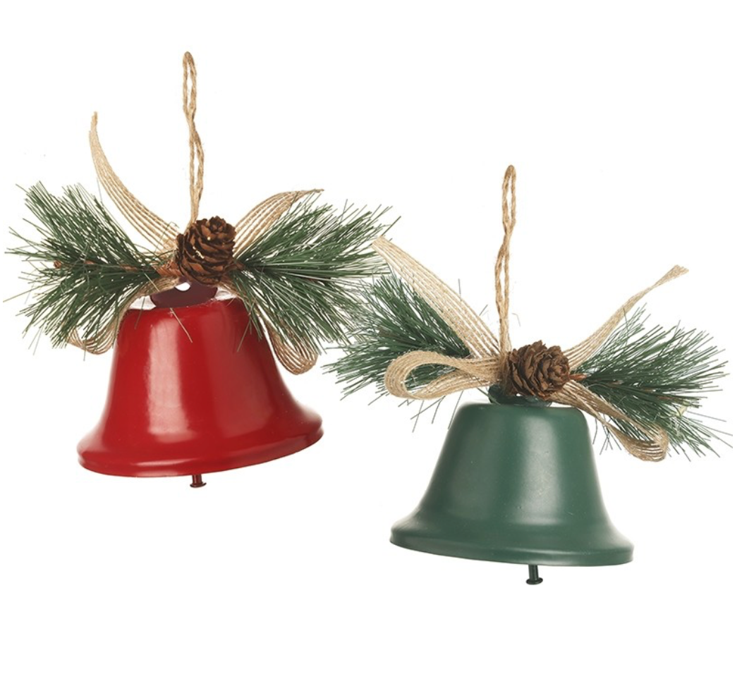 red & green bell hangers with fir cones