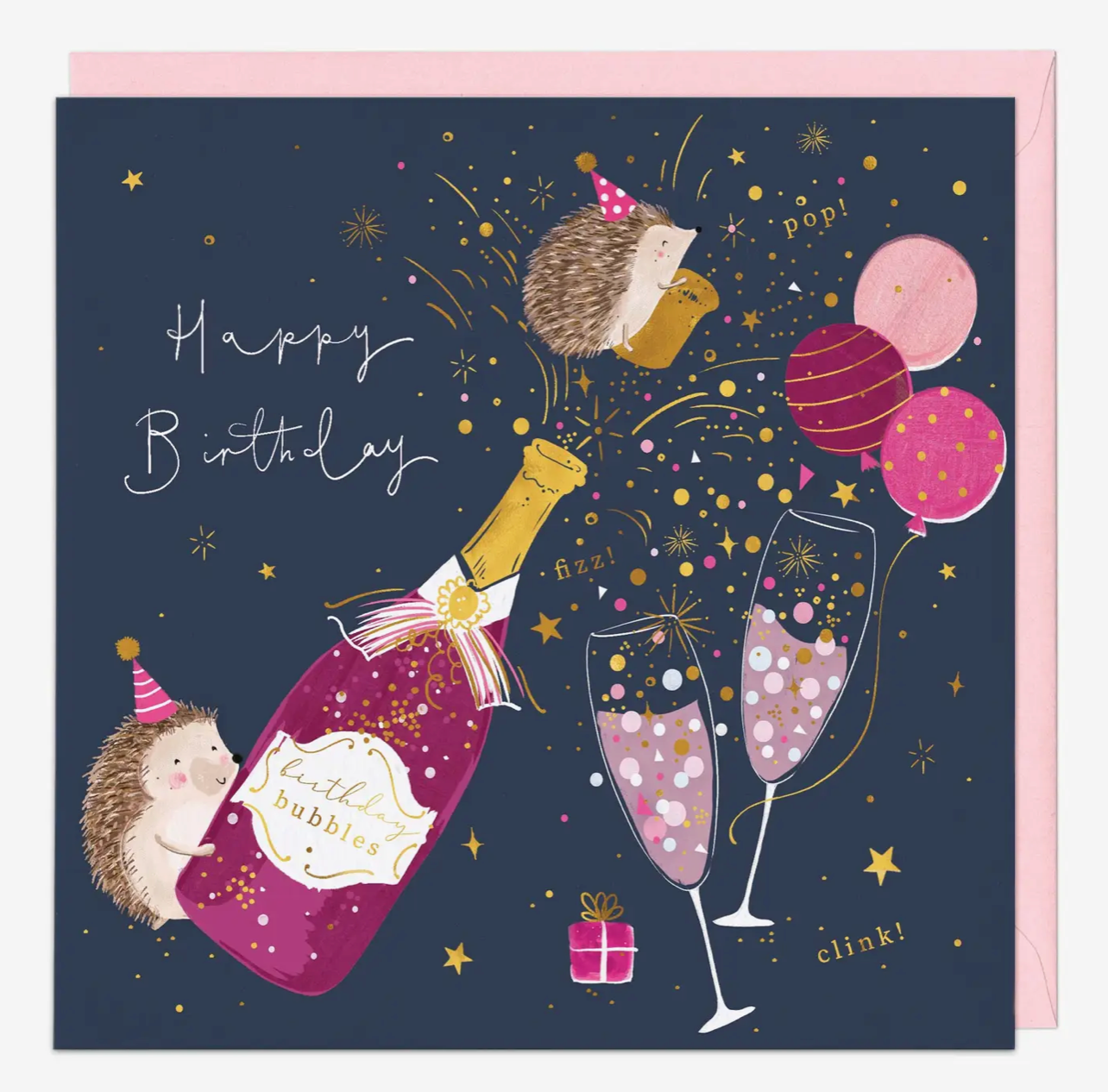 Hedgehogs pop champagne birthday card