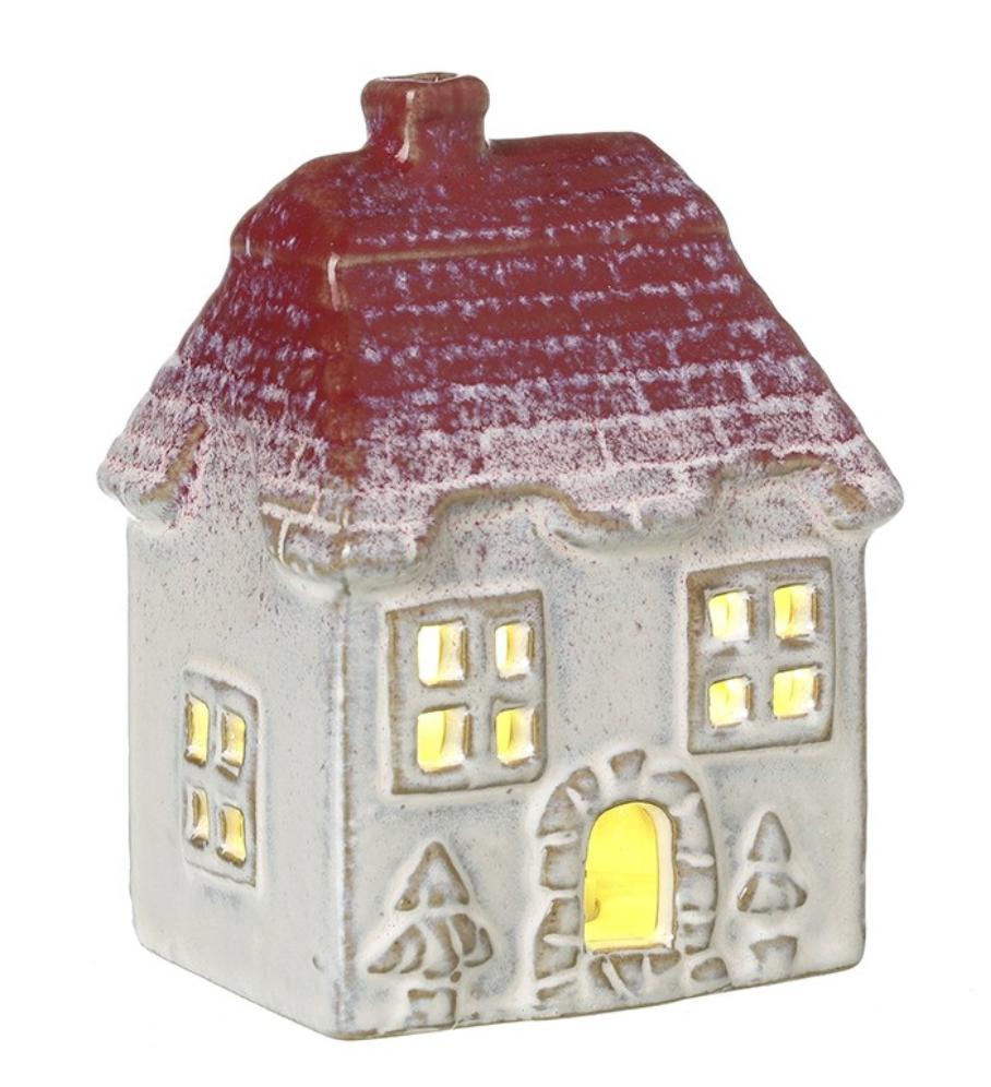 light up house with red snowy roof