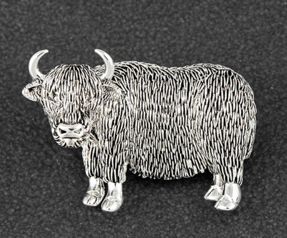 Highland coo silver brooch