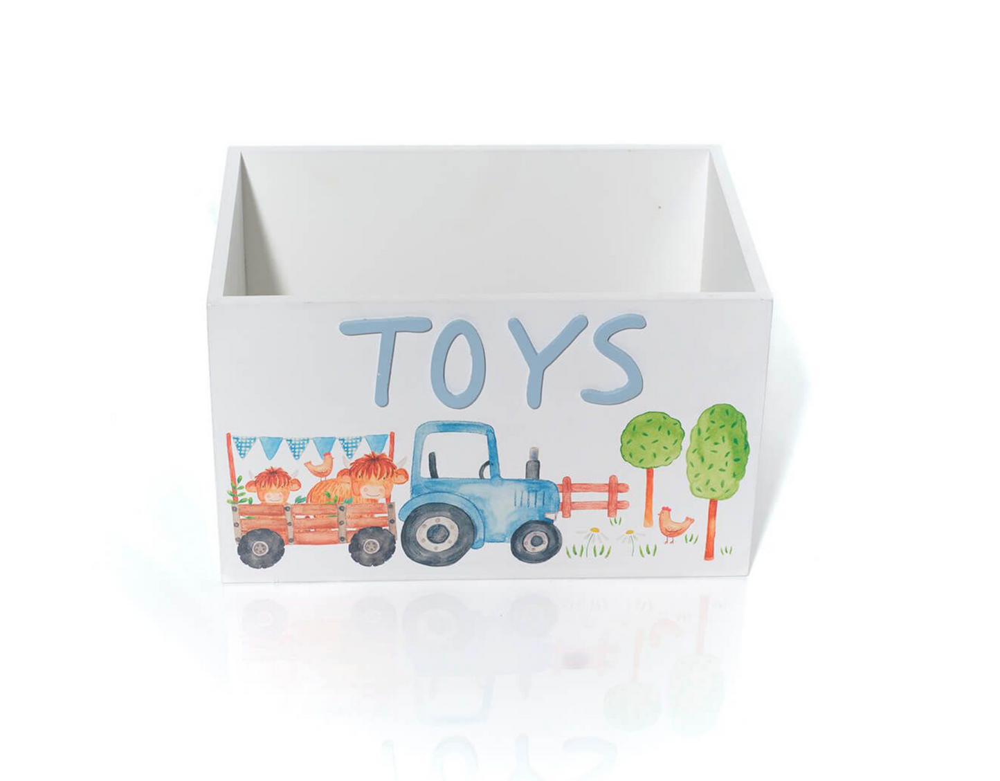 Mini Farm Monty Highland Cow With Tractor & Trailer Wood Toy Crate