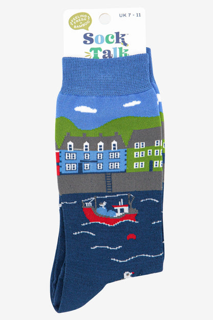 Men's Bamboo Socks - Blue, Fishing Village
