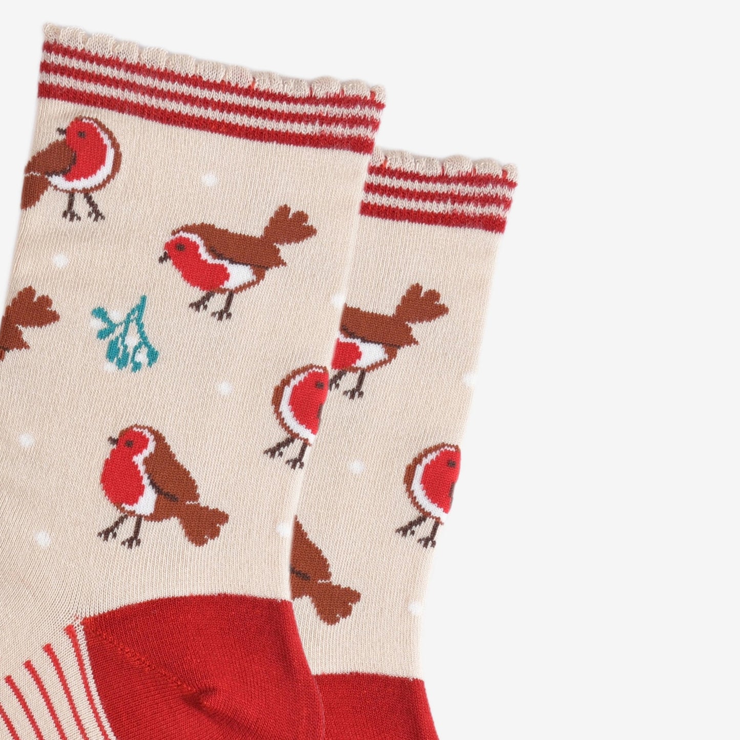 Women's Bamboo Socks Cream/Red Christmas Robin