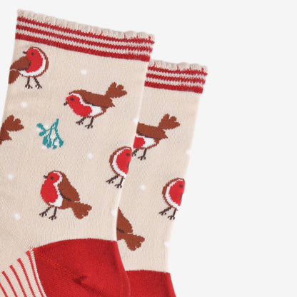 Women's Bamboo Socks Cream/Red Christmas Robin