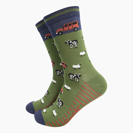 Mens Bamboo Socks - Navy/Green Off-Roader Farm