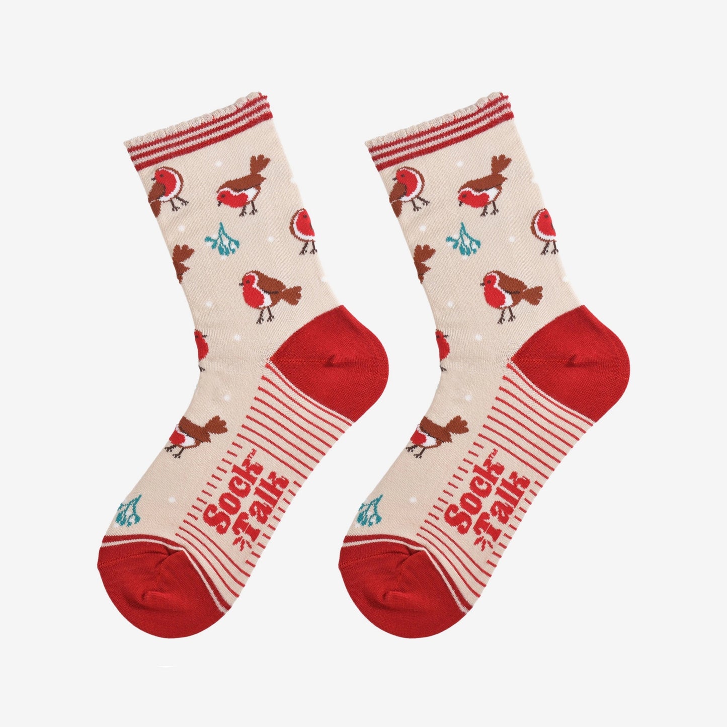 Women's Bamboo Socks Cream/Red Christmas Robin