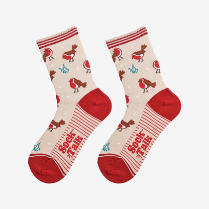 Women's Bamboo Socks Cream/Red Christmas Robin