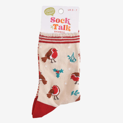 Women's Bamboo Socks Cream/Red Christmas Robin