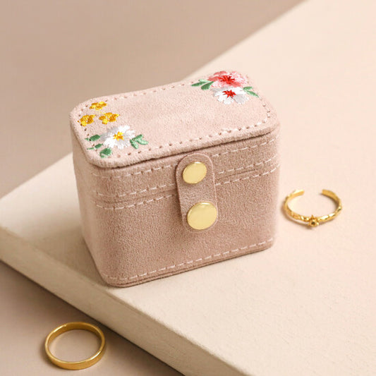 Embroidered Flower Petite Velvet Travel Ring Box