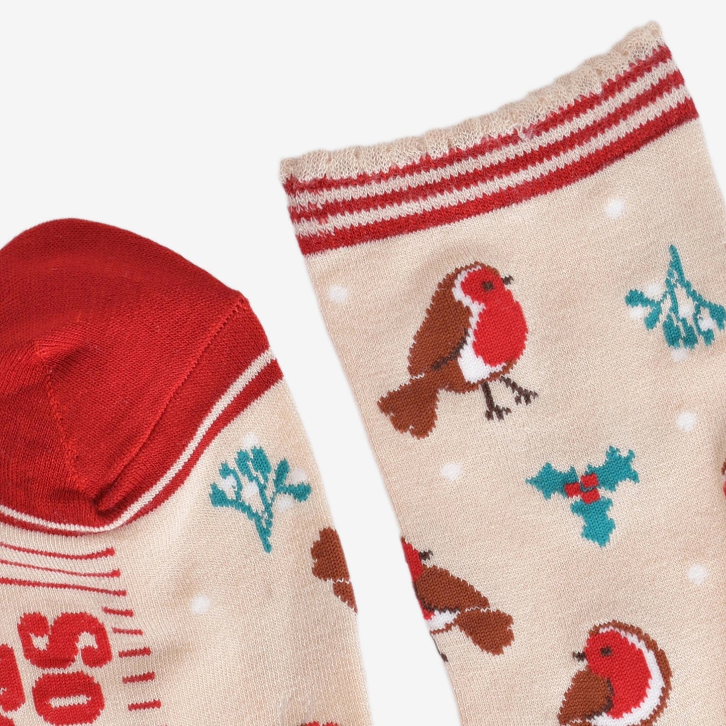 Women's Bamboo Socks Cream/Red Christmas Robin