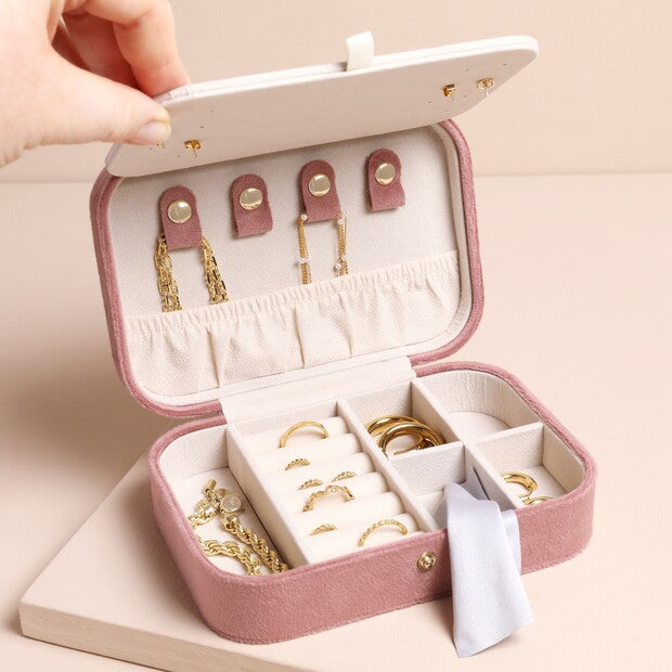 Rose Pink Velvet Rectangular Travel Jewellery Case