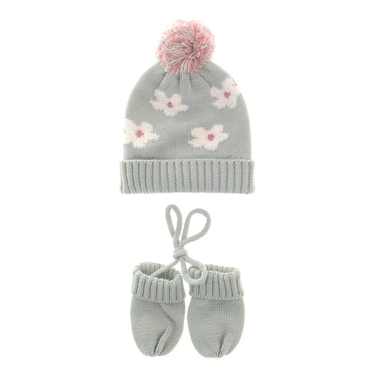 Flowers Wooly Hat & Mittens 12-24 Months