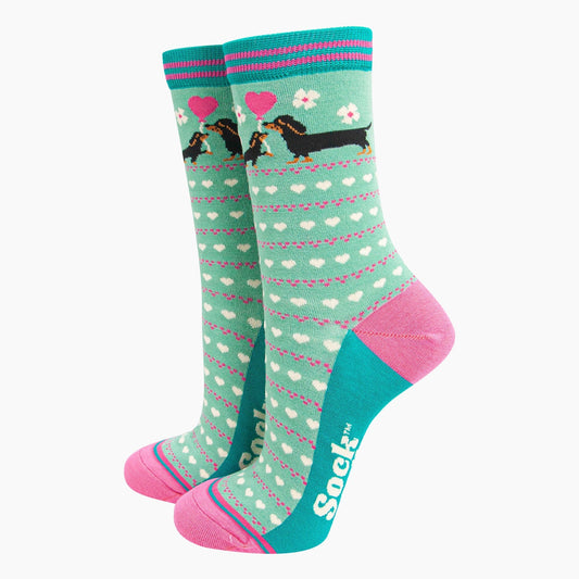Womens Bamboo Socks - Mint Sausage Dog & Puppy