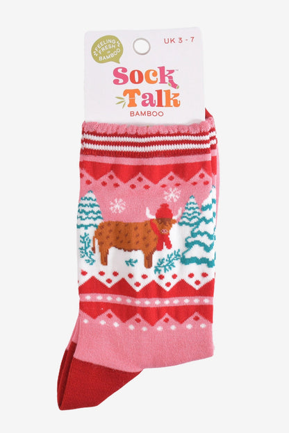 Women's Bamboo Socks Pink/Red Christmas Highland Cow
