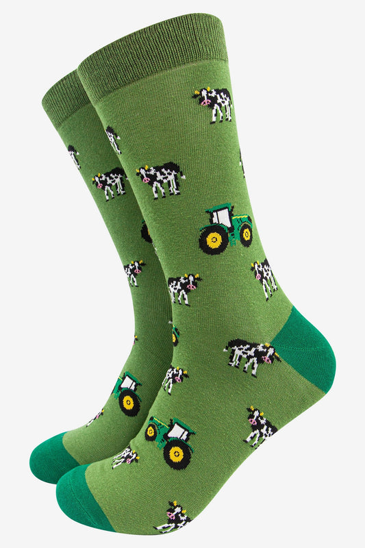 Mens Green Tractor & Cow Print Bamboo Socks