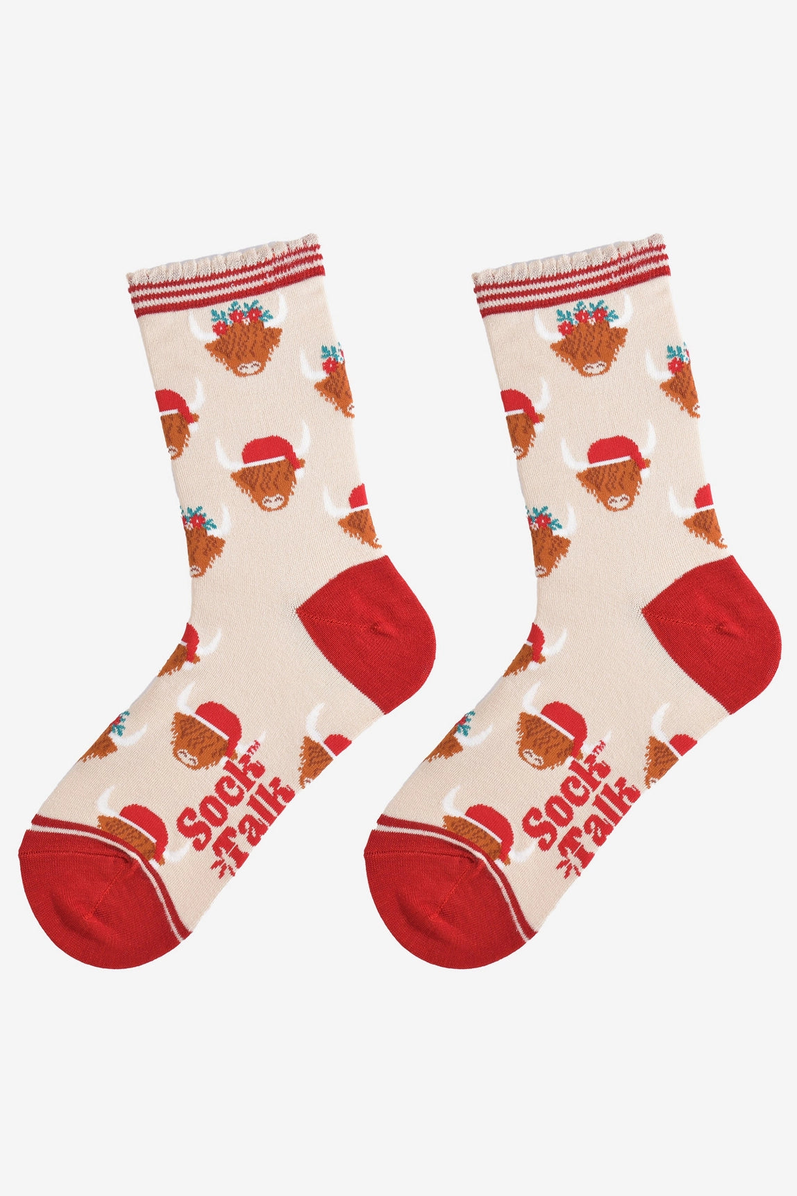 Women's Bamboo Socks Cream/Red Christmas Highland Cow