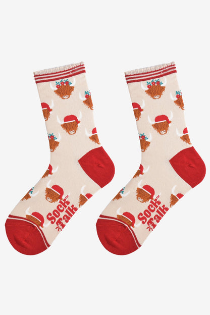 Women's Bamboo Socks Cream/Red Christmas Highland Cow