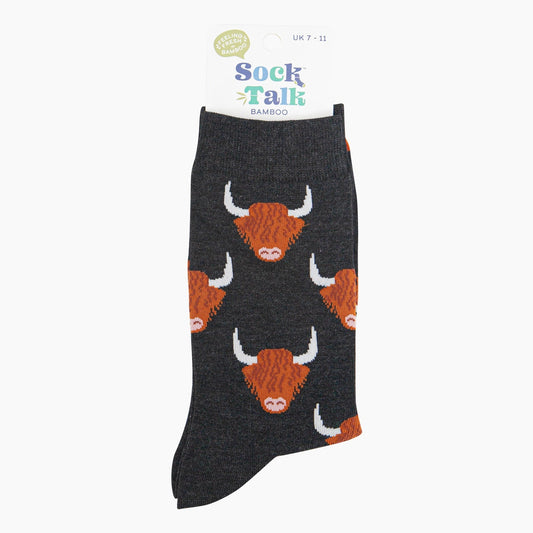 Mens Bamboo Socks Black Highland Cow