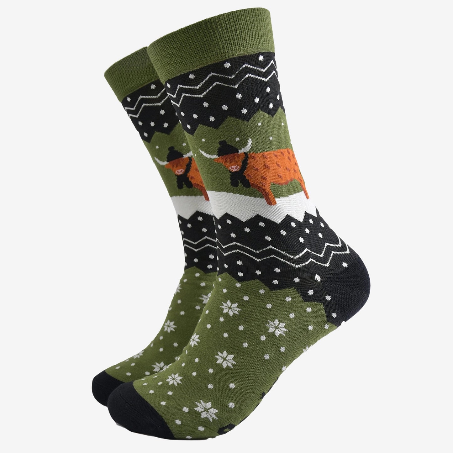 Men's Bamboo Socks Green/Black Winter Highland Cow