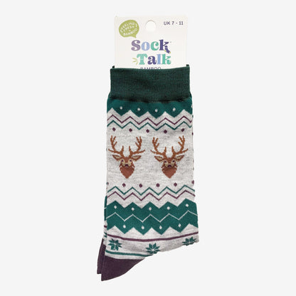 Men's Bamboo Socks Grey/Green Stag Fair Isle