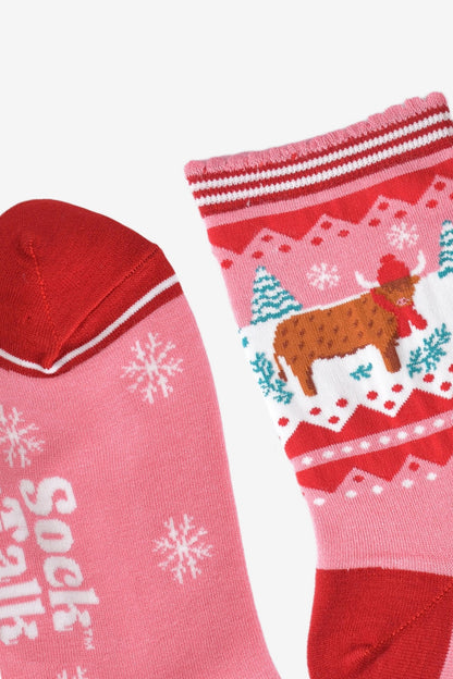 Women's Bamboo Socks Pink/Red Christmas Highland Cow