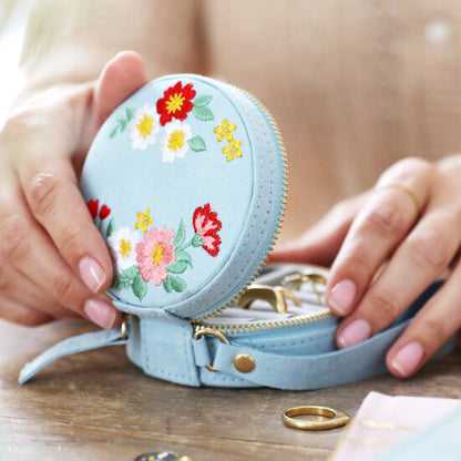 Embroidered Flowers Mini Velvet Jewellery Case