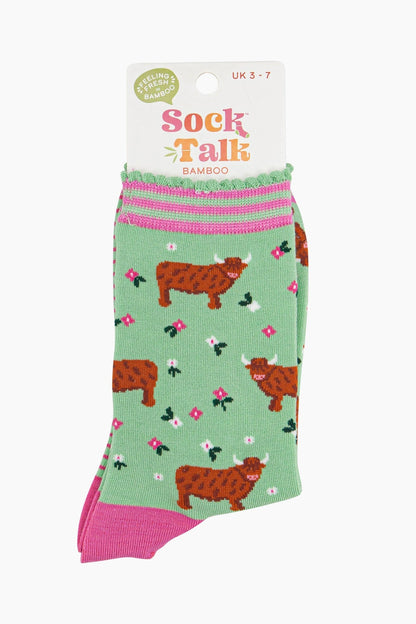 Womens Bamboo Socks - Green Highland Cow