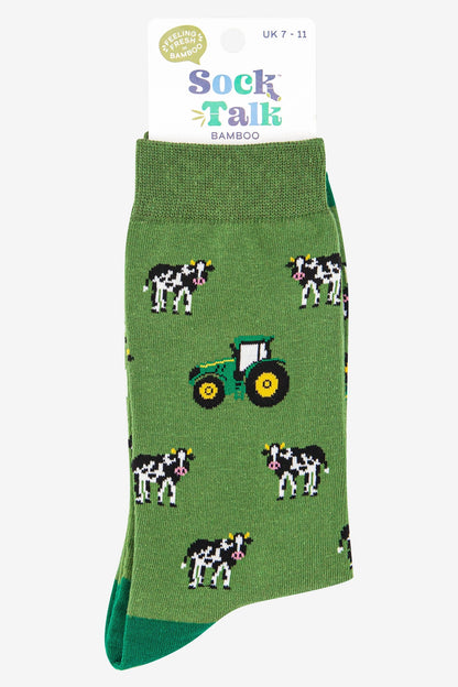 Mens Green Tractor & Cow Print Bamboo Socks