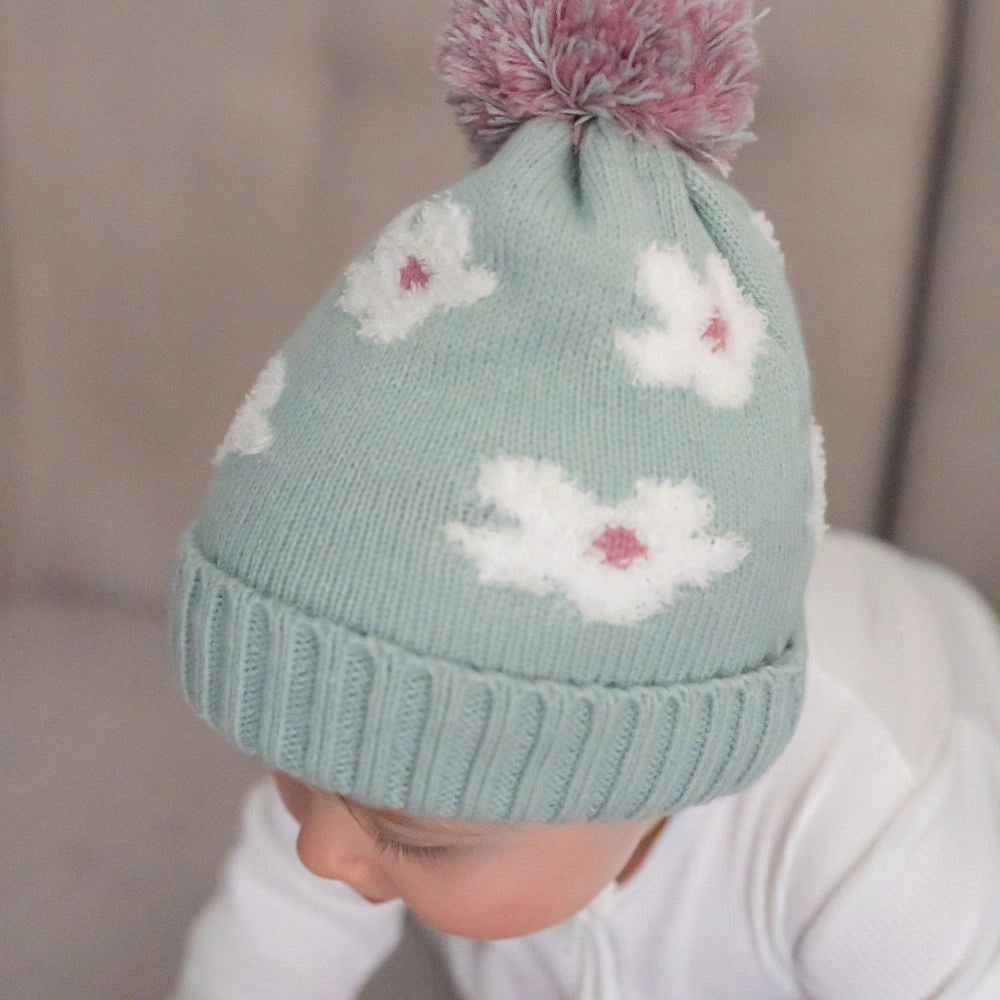 Flowers Wooly Hat & Mittens 0-12 Months