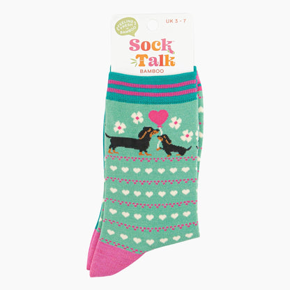 Womens Bamboo Socks - Mint Sausage Dog & Puppy