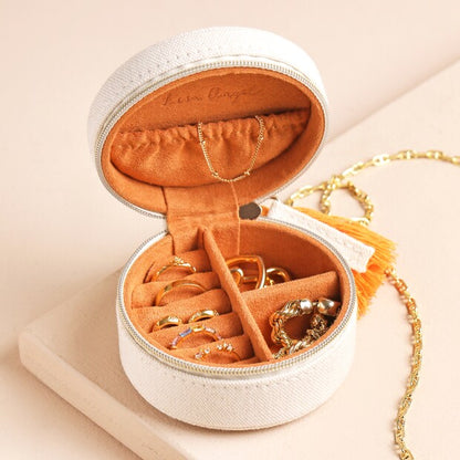 Embroidered Leaves Mini Round Linen Travel Case