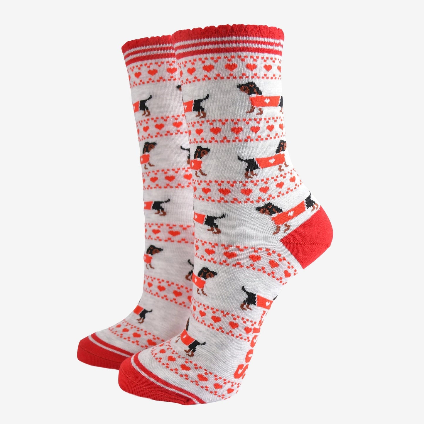 Women's Bamboo Socks Grey/Red Sausage Dog