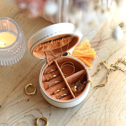 Embroidered Leaves Mini Round Linen Travel Case