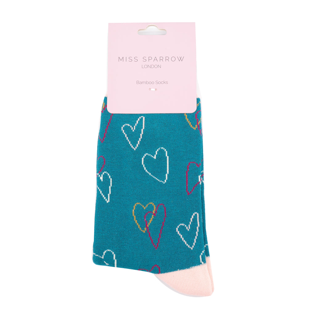 Miss Sparrow Sketch Heart Socks Teal