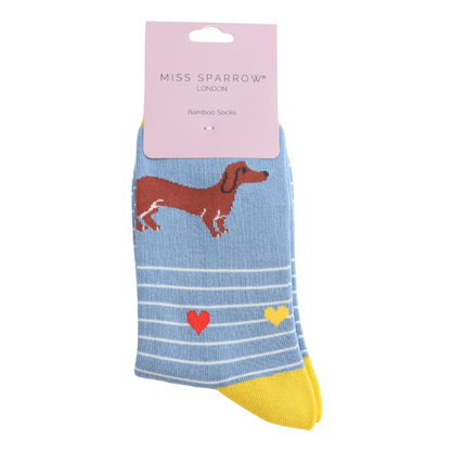 Miss Sparrow Sausage Dog & Stripes Socks Denim