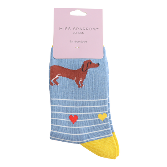 Miss Sparrow Sausage Dog & Stripes Socks Denim