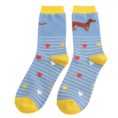 Miss Sparrow Sausage Dog & Stripes Socks Denim
