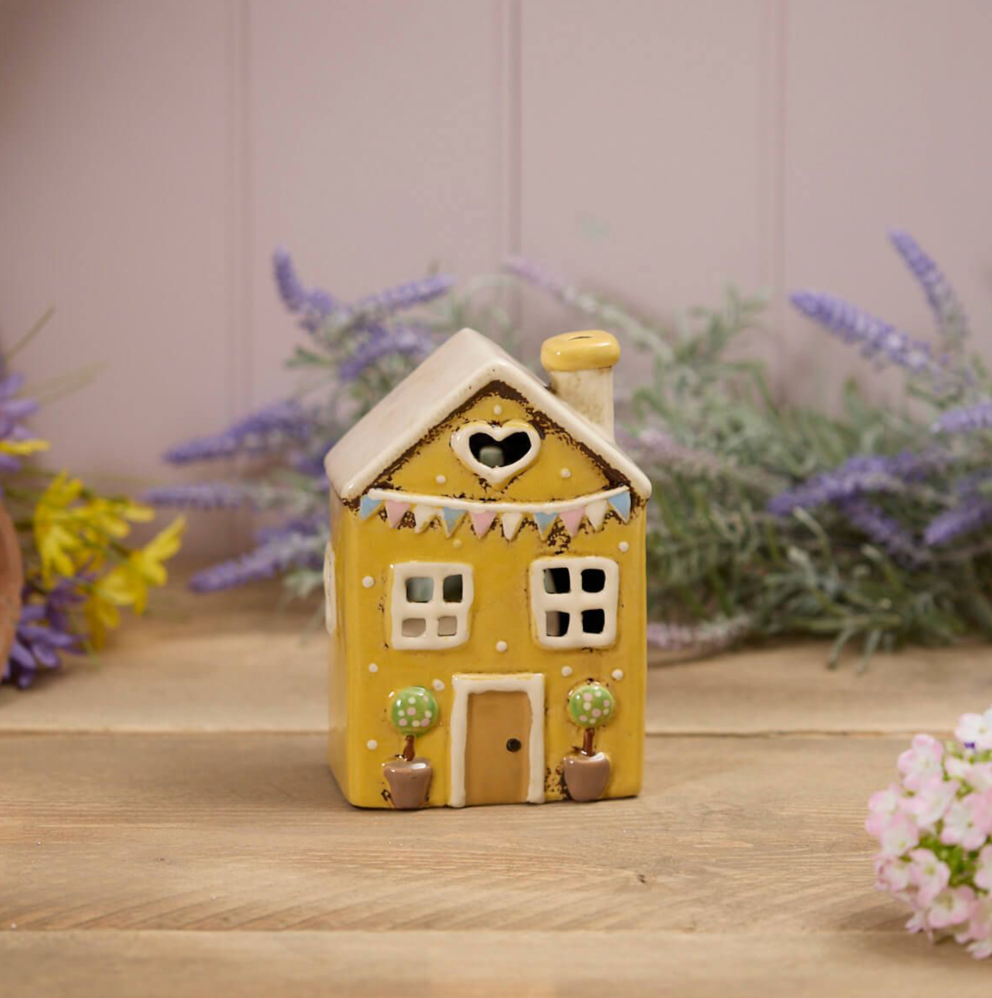 Stoneware Yellow House With Embossed Bunting Tealight Holder