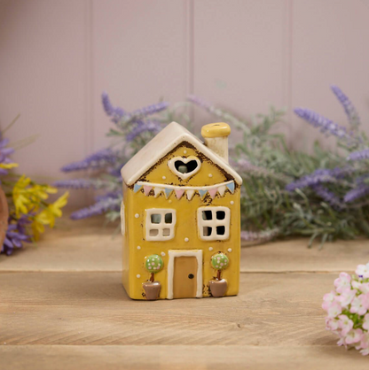 Stoneware Yellow House With Embossed Bunting Tealight Holder