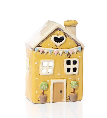 Stoneware Yellow House With Embossed Bunting Tealight Holder