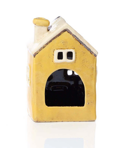 Stoneware Yellow House With Embossed Bunting Tealight Holder