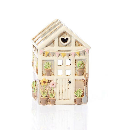 Stoneware Green House With Embossed Flowers Tealight Holder