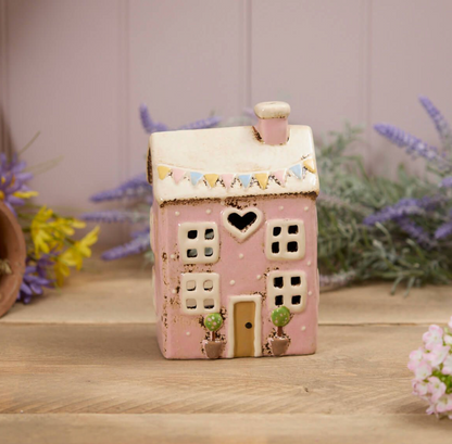 Stoneware Pink House With Embossed Bunting Tealight Holder